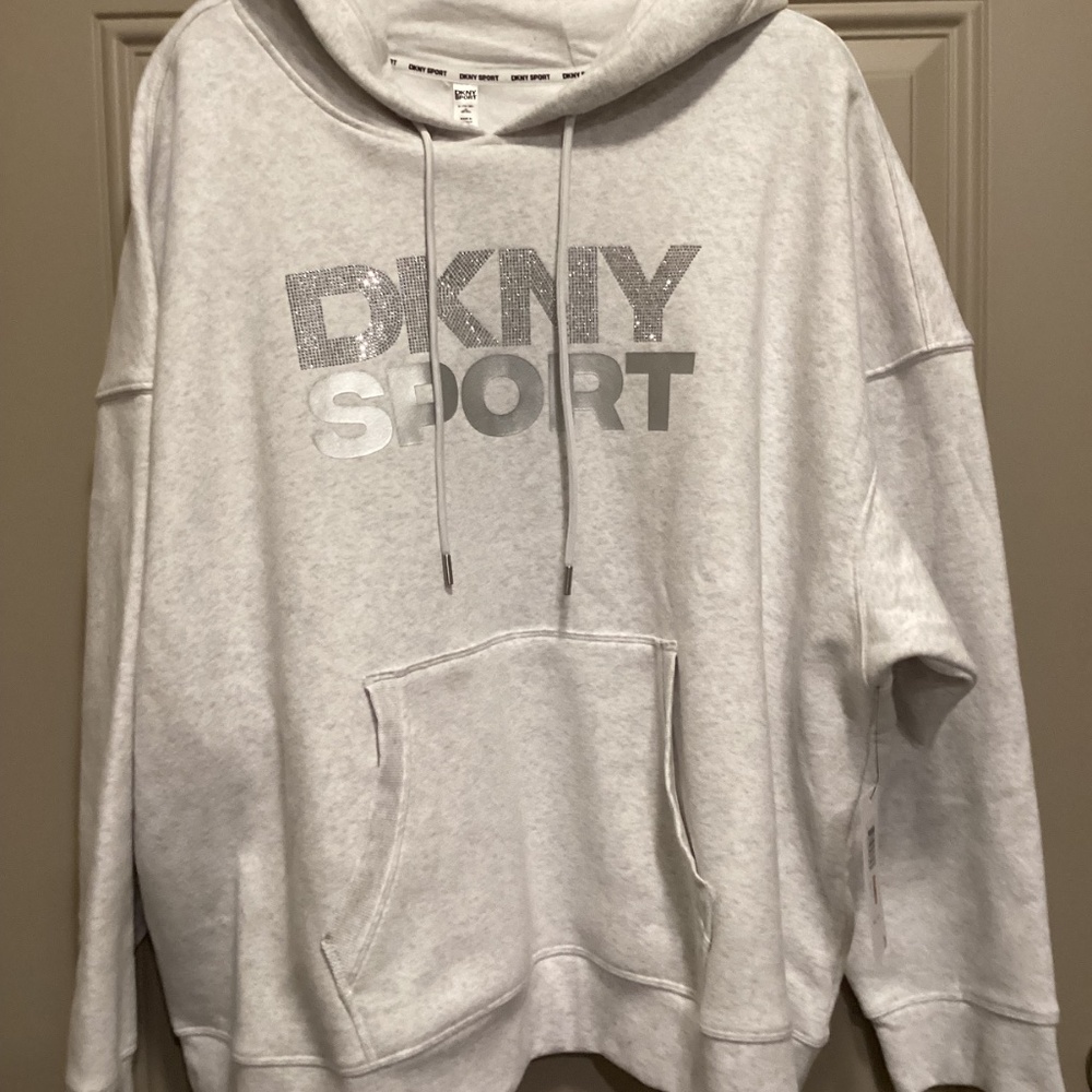 DKNY Sport Women’s Rhinestone Sequin Logo Hoodie Light Gray - Picture 9 of 14